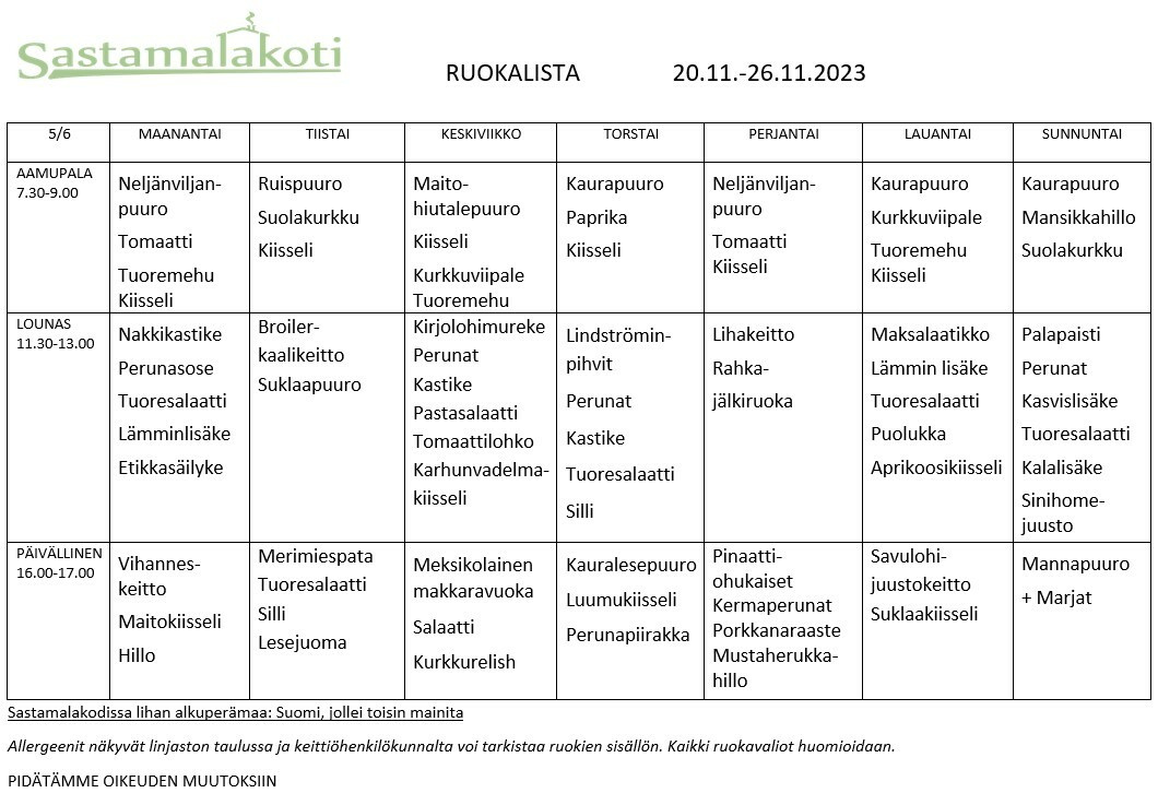 Ruokalista 20.11.2023 alkaen